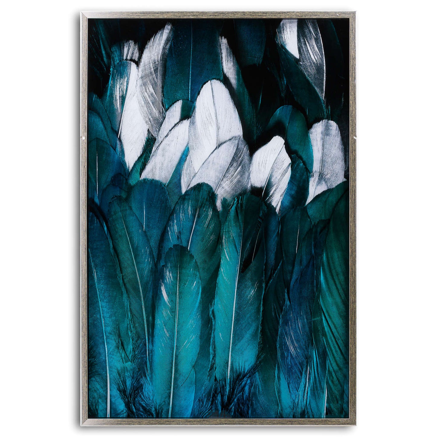 Teal And Silver Feather Glass Image In Silver Frame